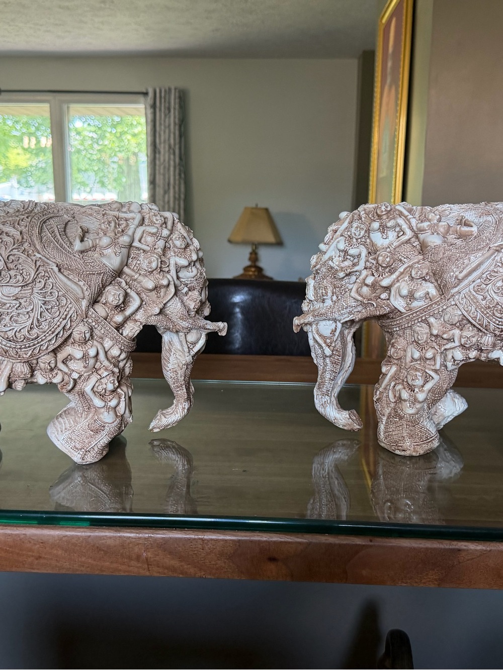 Ornate Carved Elephant Figurines - Light Beige Pair one for $20  and 2 for $35